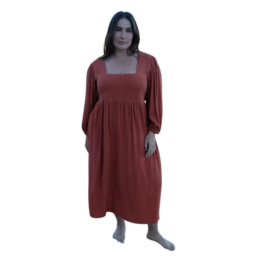 Rachel Pally Orange Cara Linen Blend Square Neck Midi Dress Size 1X